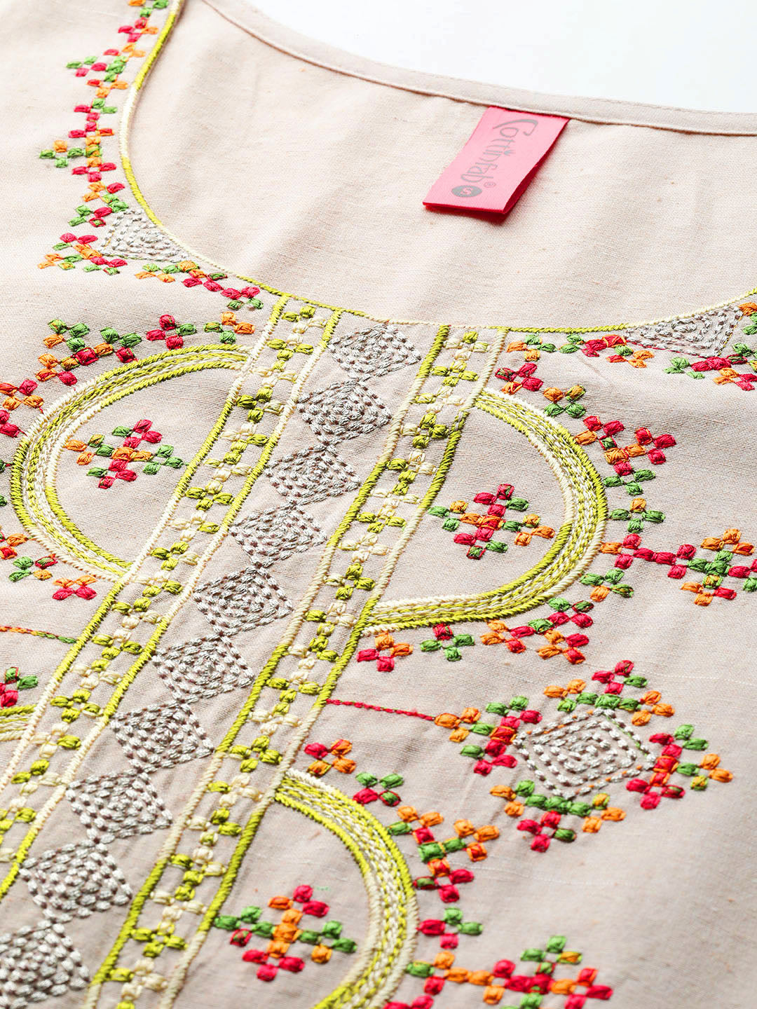 Cottinfab Women Embroidered Geometric Kantha Work Cotton Kurta