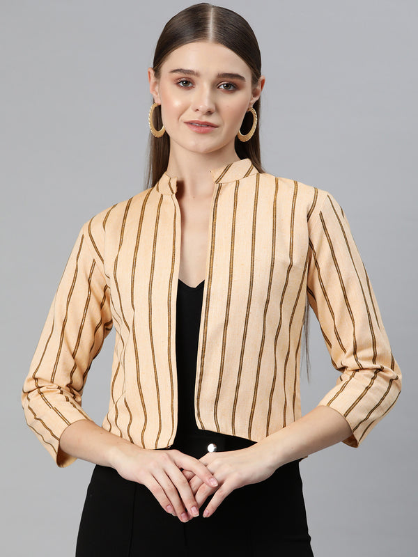 Cottinfab Women Striped Mandarin Collar Open Front Jacket