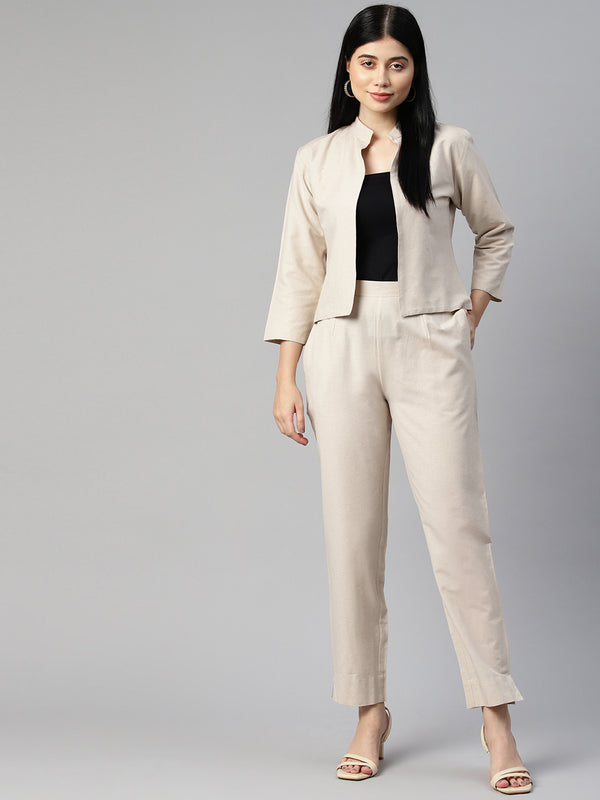 Cottinfab Women Solid Cotton Blazers and Trousers Co-Ord Set