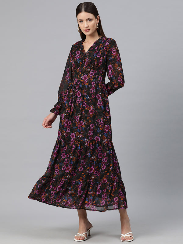Cottinfab Women Floral Print Bell Sleeve Georgette A-Line Maxi Dress