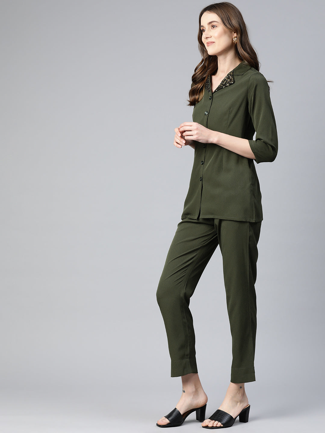 Cottinfab Women Embellished Collar Shirt with Trousers