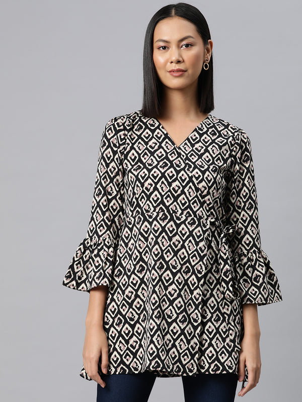 Cottinfab Abstract Print Bell Sleeve Crepe Wrap Longline Top