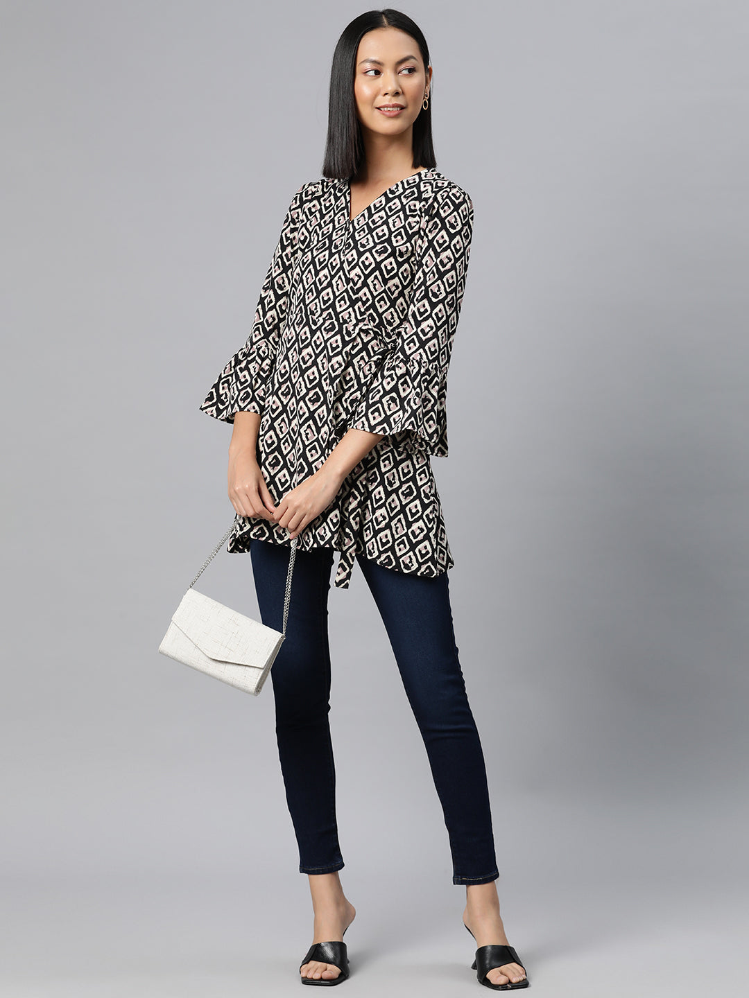 Cottinfab Abstract Print Bell Sleeve Crepe Wrap Longline Top
