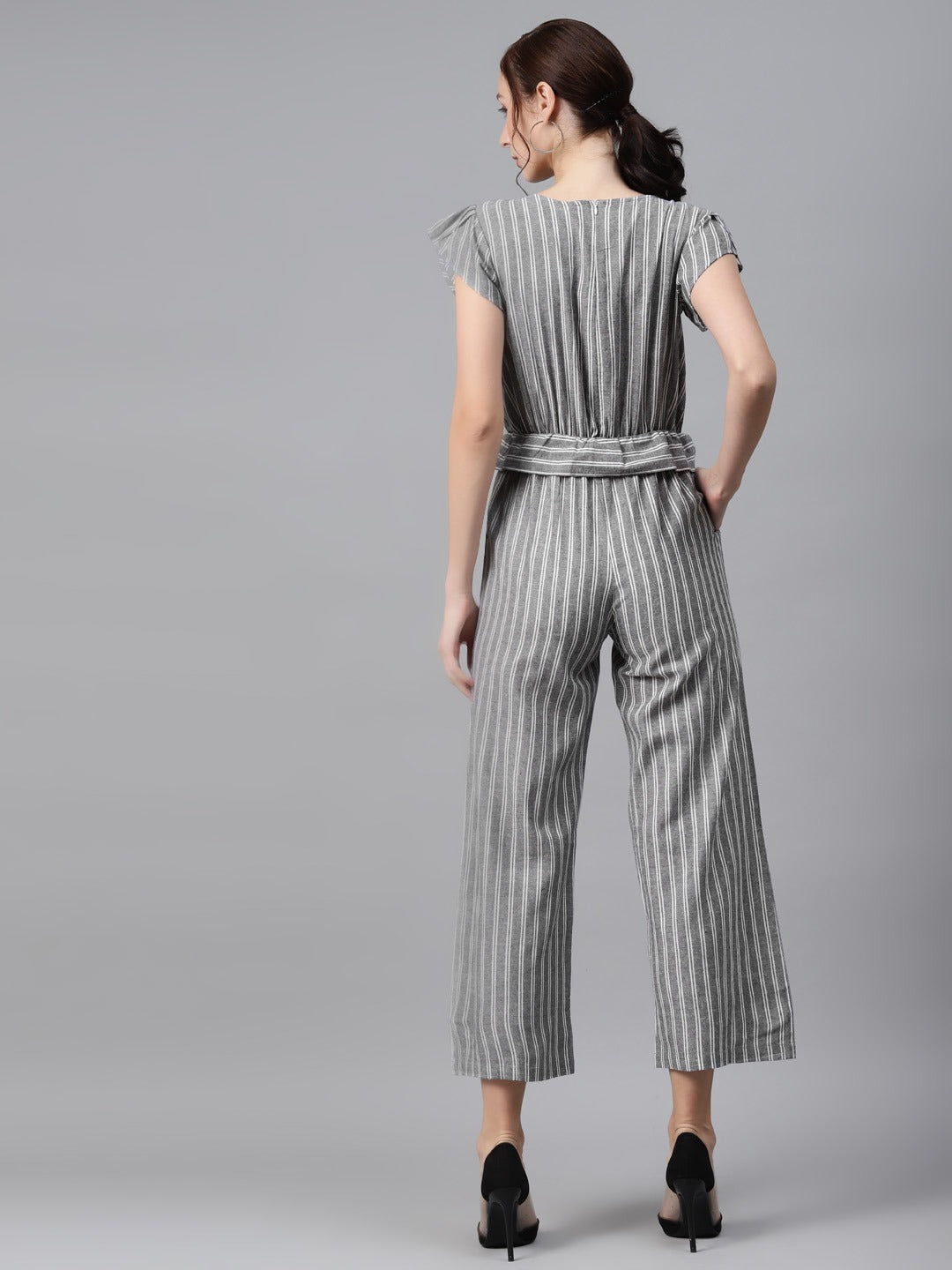 Cottinfab Charcoal Grey & White Striped Cotton Culotte Jumpsuit