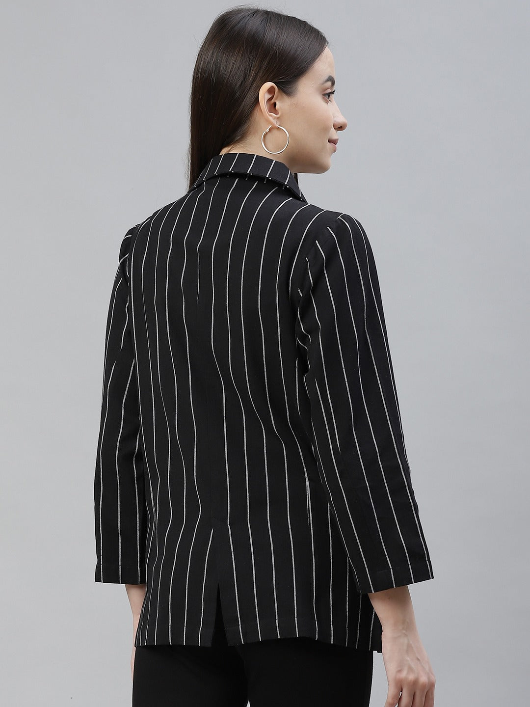 Cottinfab Women Black & White Striped Double-Breasted Blazer