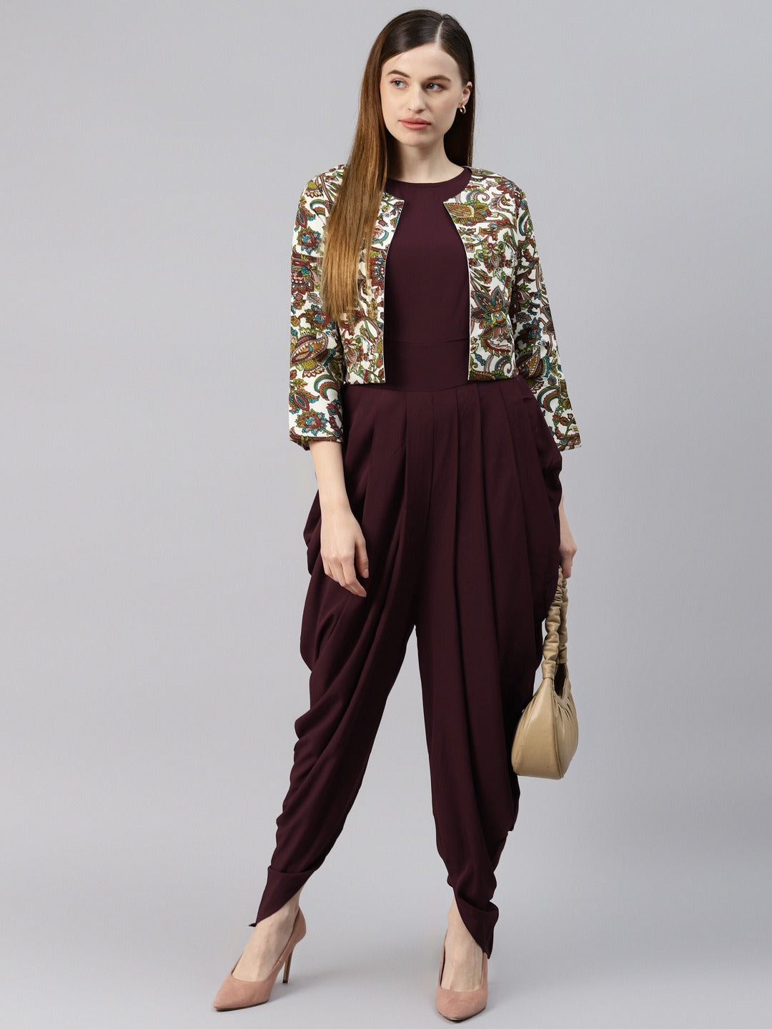 Cottinfab Brown Solid Dhoti Style Jumpsuit With Jacket