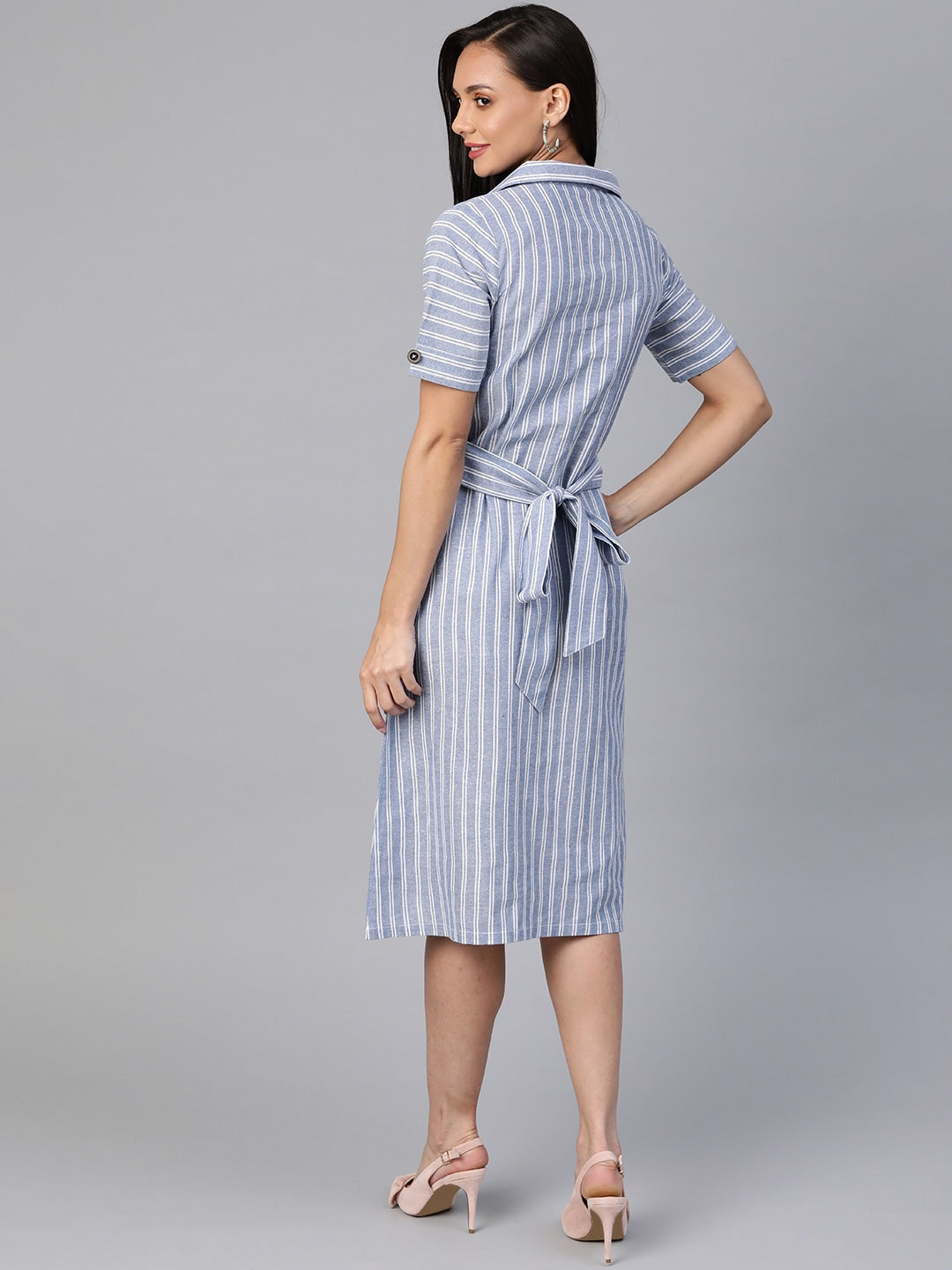 Cottinfab Blue & White Striped Pure Cotton Shirt Dress