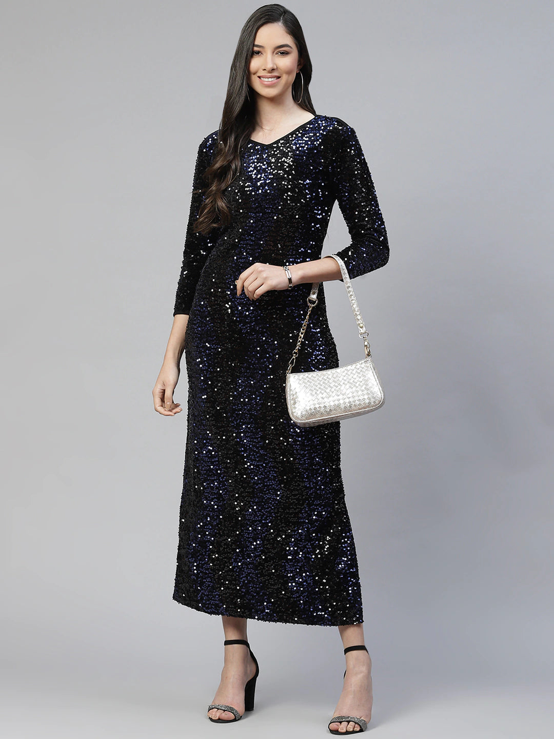Cottinfab Black & Blue Sequined Sheath Midi Dress