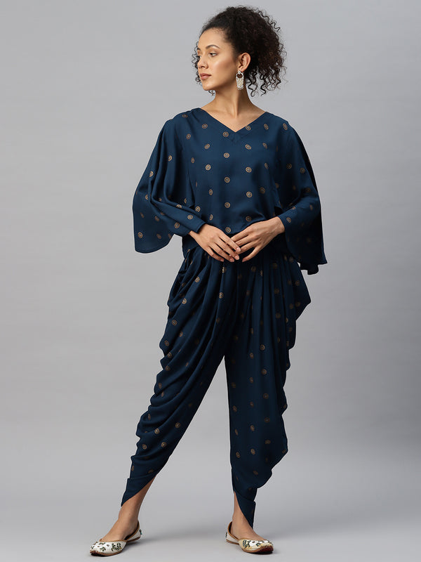 Cottinfab Women Ethnic Printed V-Neck Top with Dhoti Pants