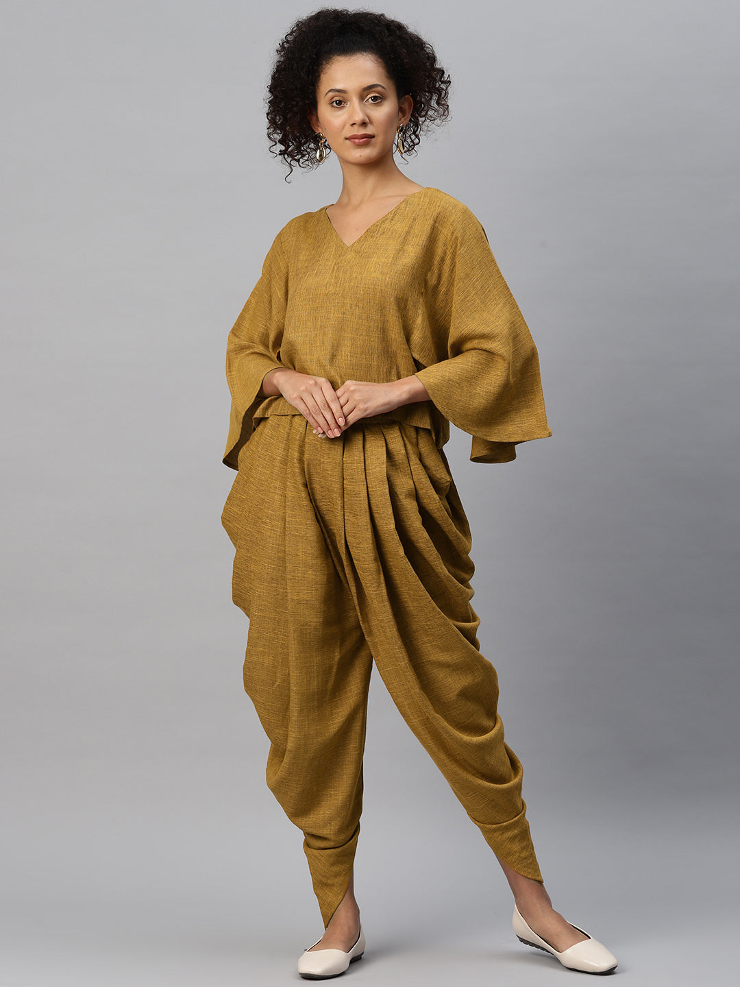 Cottinfab Women Solid Mustard V-Neck Top with Dhoti Pants