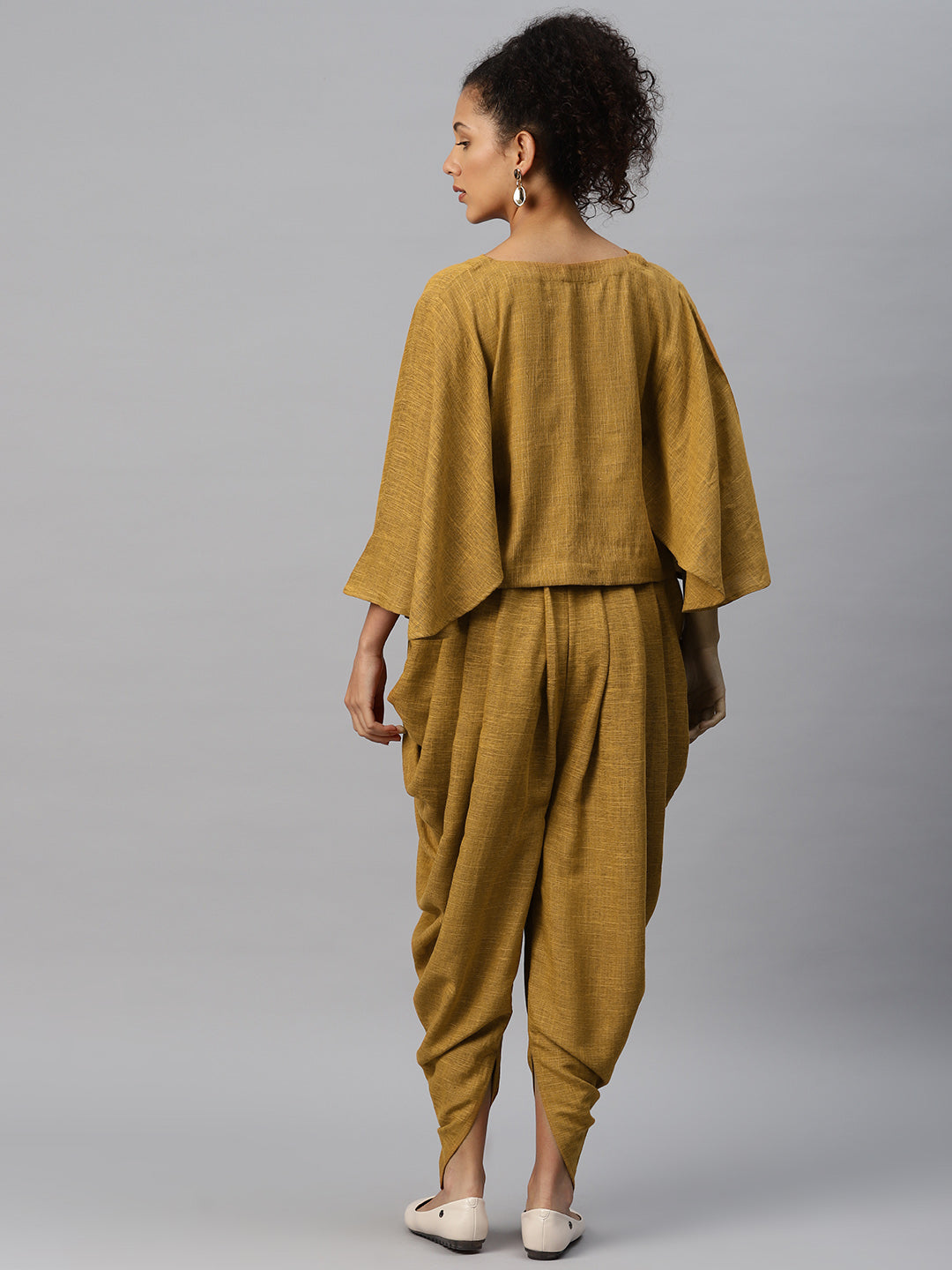 Cottinfab Women Solid Mustard V-Neck Top with Dhoti Pants