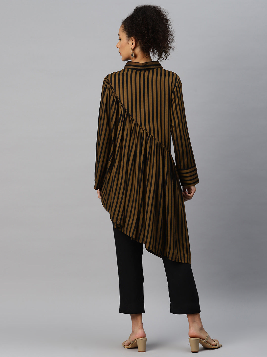 Cottinfab Women Striped Shirt Collared Top with Trousers