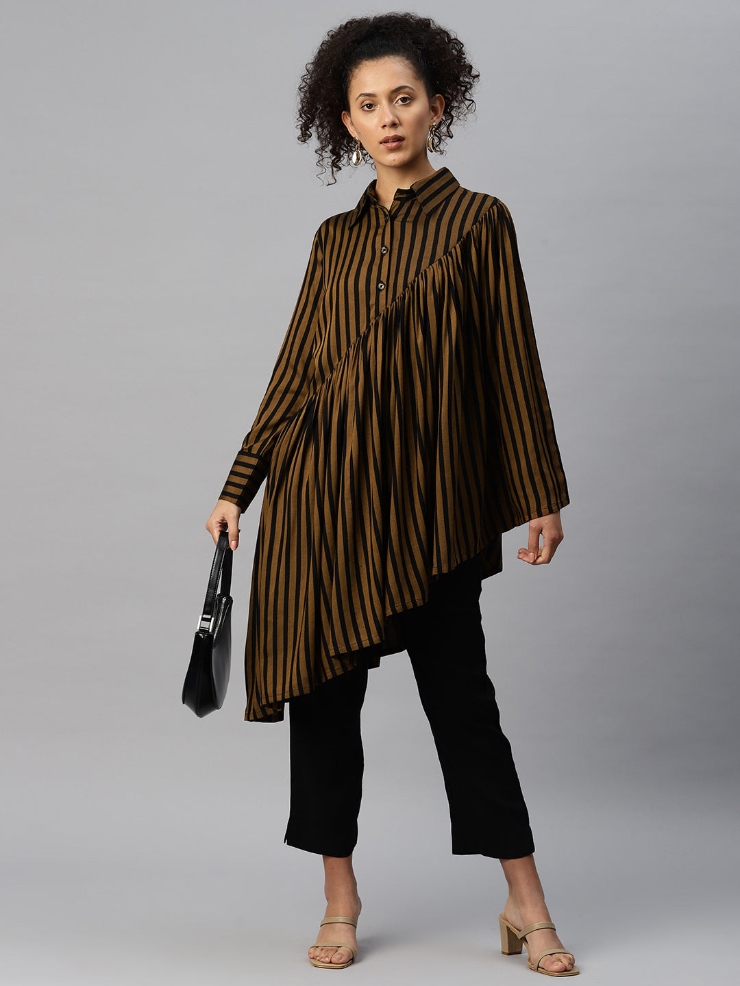 Cottinfab Women Striped Shirt Collared Top with Trousers