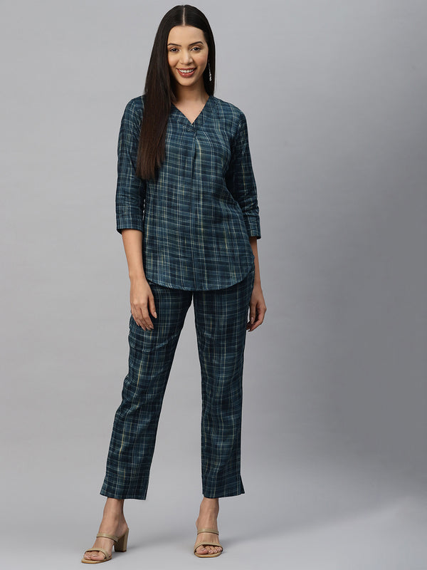 Cottinfab Women Checkered Pleated Top with Trouser