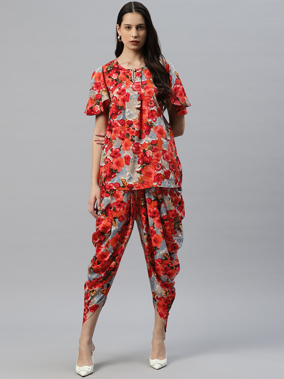Cottinfab Women Floral Printed Tunic with Dhoti Pants