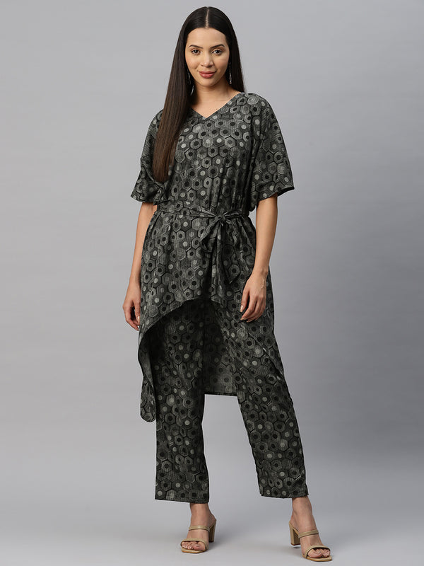 Cottinfab Women Abstract Printed High-Low Tunic with Trouser
