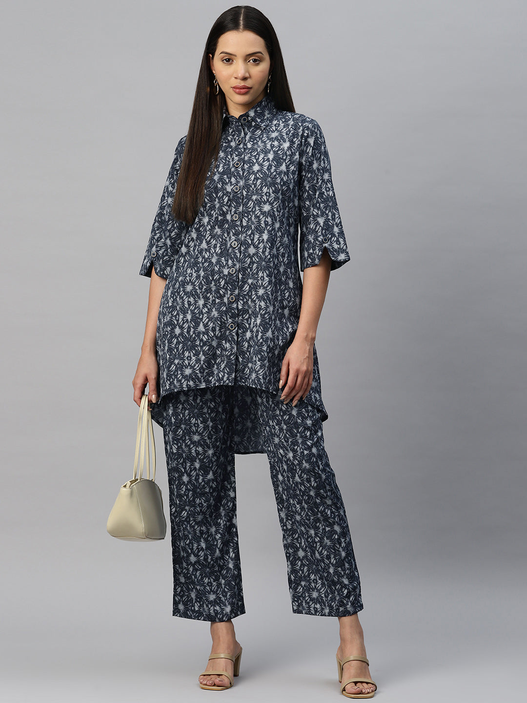 Cottinfab Women Abstract Printed High Low Tunic with Trouser