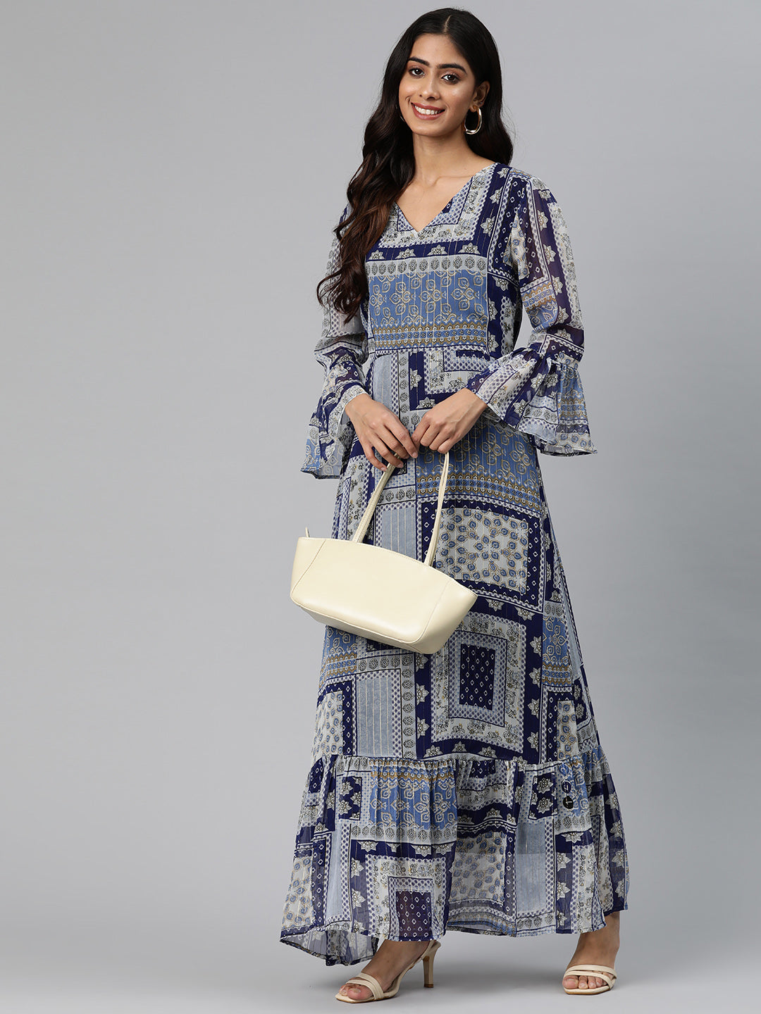 Cottinfab Women Ethnic Motif Printed Bell Sleeves Georgette Dress