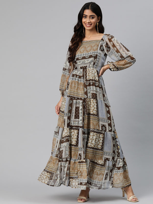 Cottinfab Women Ethnic Printed Puff Sleeved Georgette Maxi Dress