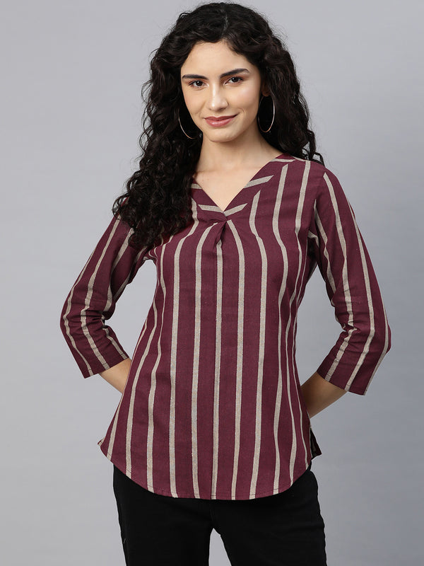 Cottinfab Women Striped Front Pleated Cotton Longline Top