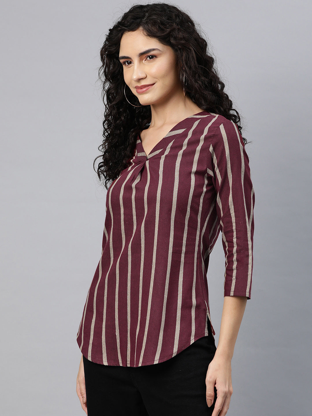 Cottinfab Women Striped Front Pleated Cotton Longline Top