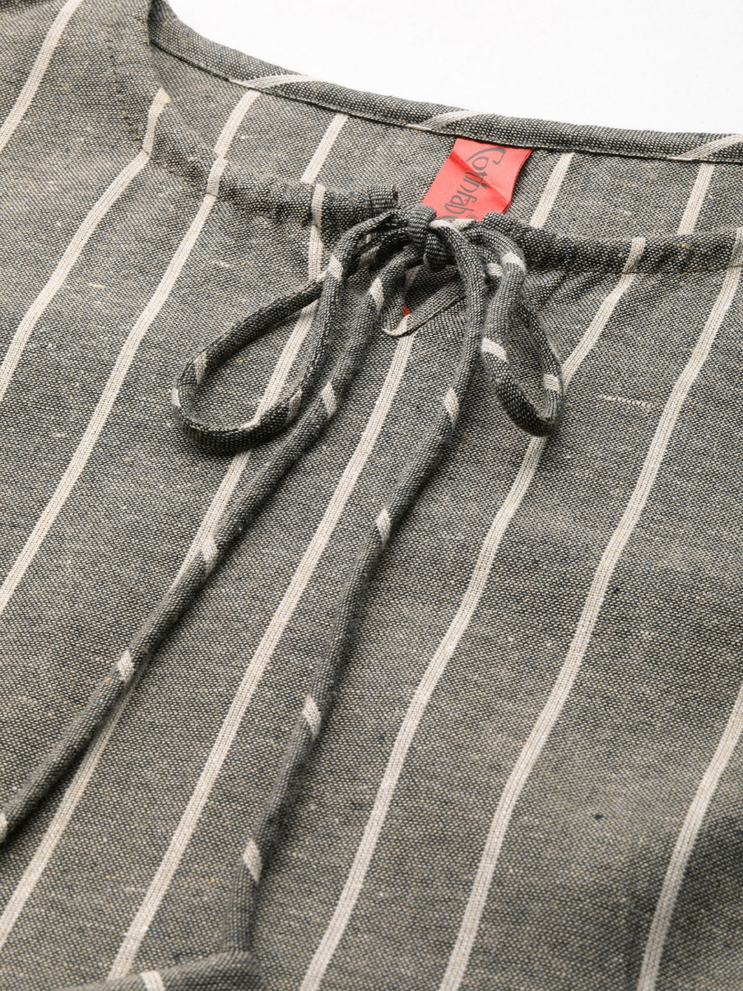 Cottinfab Women Striped Tie-Up Neck Puff Sleeve Cotton Top