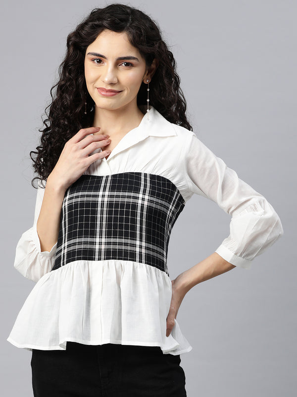 Cottinfab Women Checkered Cotton Peplum Top