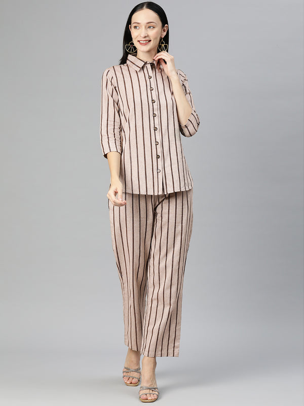 Cottinfab Women Brown Striped Shirt Top with Trousers