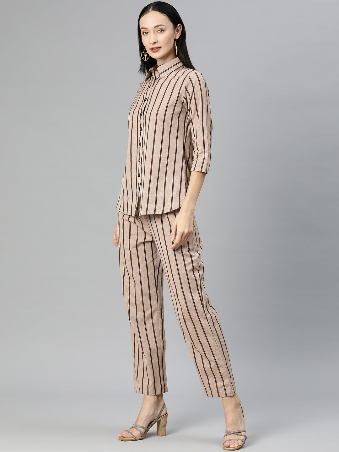 Cottinfab Women Brown Striped Shirt Top with Trousers