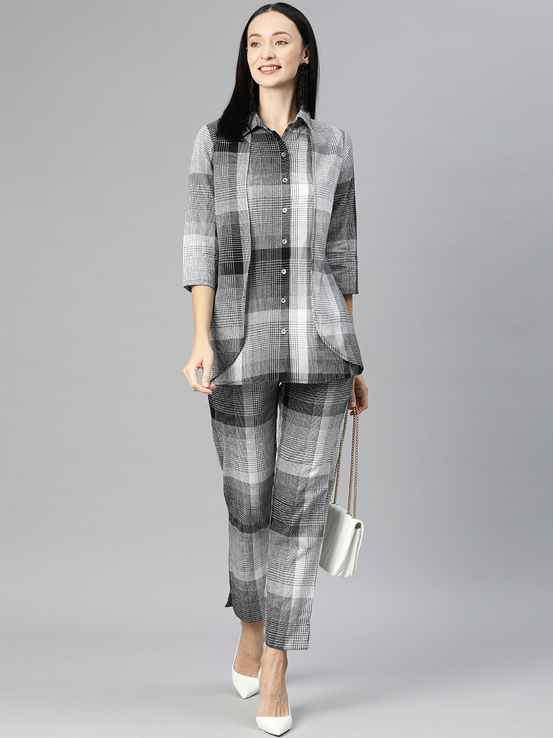Cottinfab Women Checked Cotton Shirt with Trousers