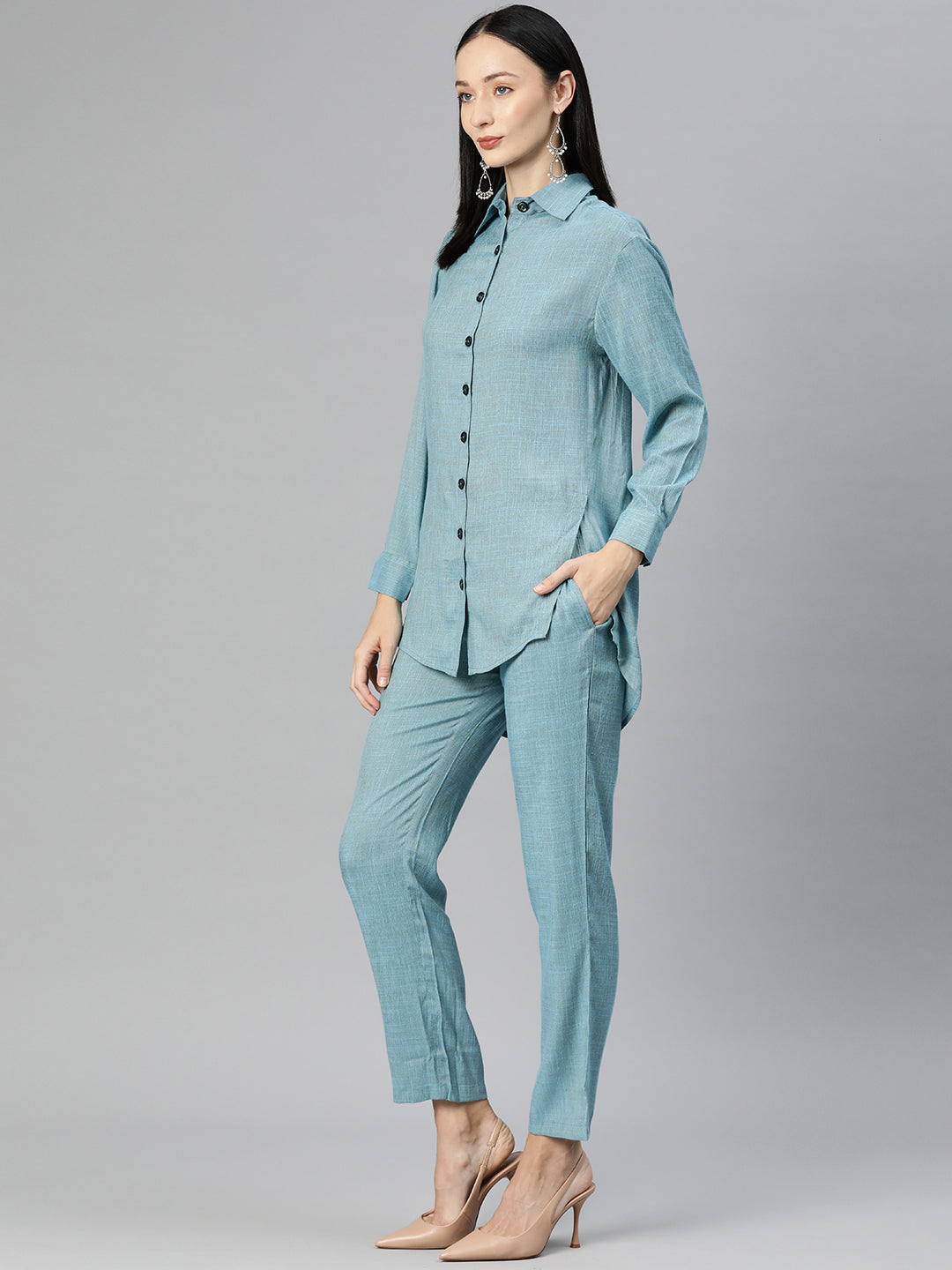 Cottinfab Women Solid High Low Shirt with Trousers