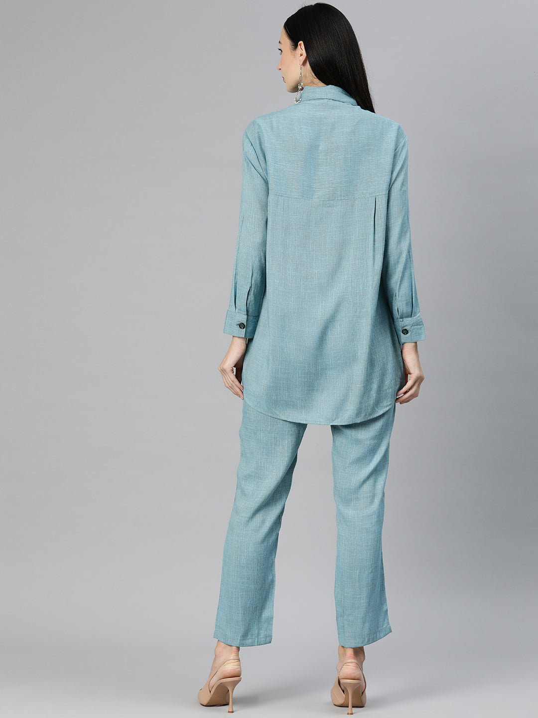 Cottinfab Women Solid High Low Shirt with Trousers