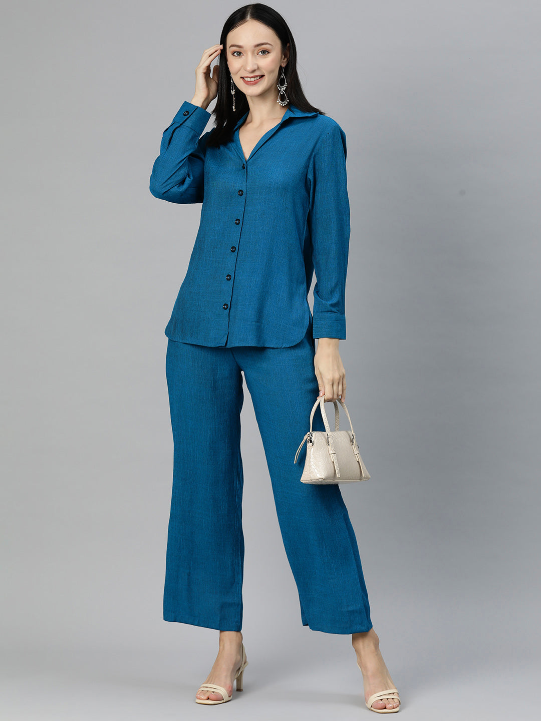 Cottinfab Women Solid Cotton Shirt with Trousers