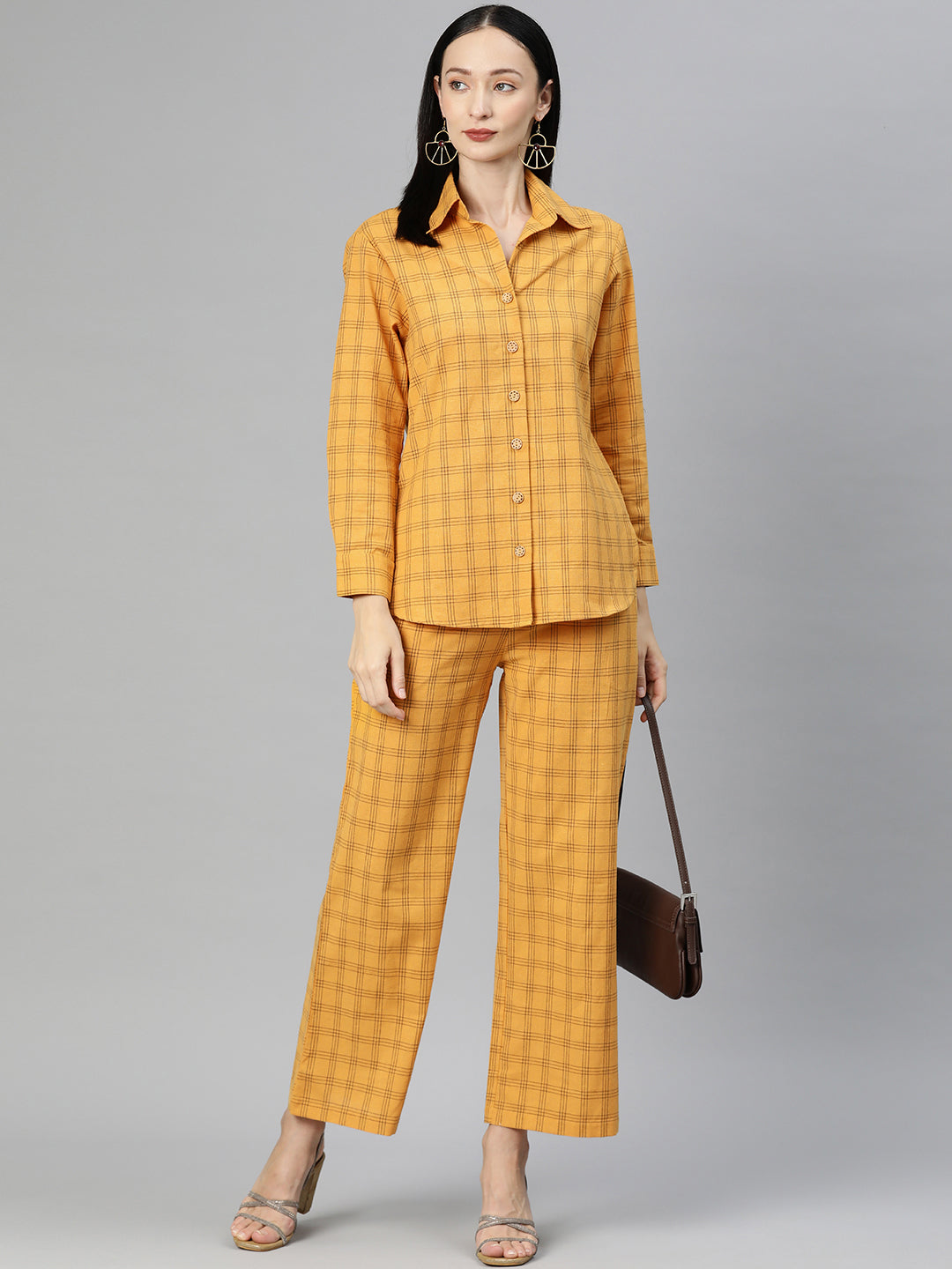 Cottinfab Women Checked Cotton Shirt with Trousers