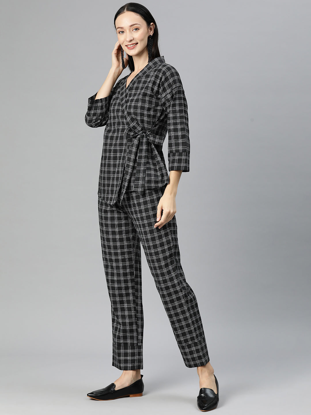Cottinfab Women Checked Pure Cotton Tie-Up Top with Trousers