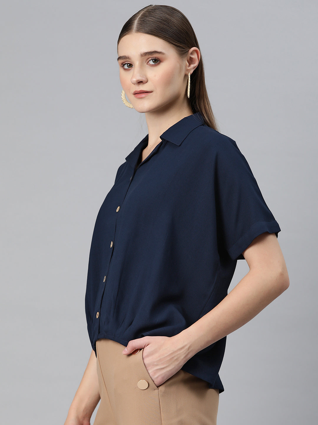 Cottinfab Women Solid Shirt Style Top
