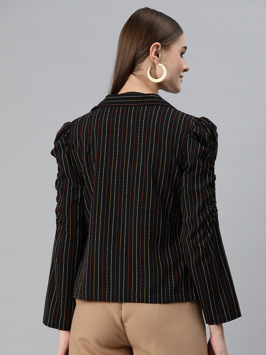 Cottinfab Women Striped Open Front Jacket with Embroidered Detail