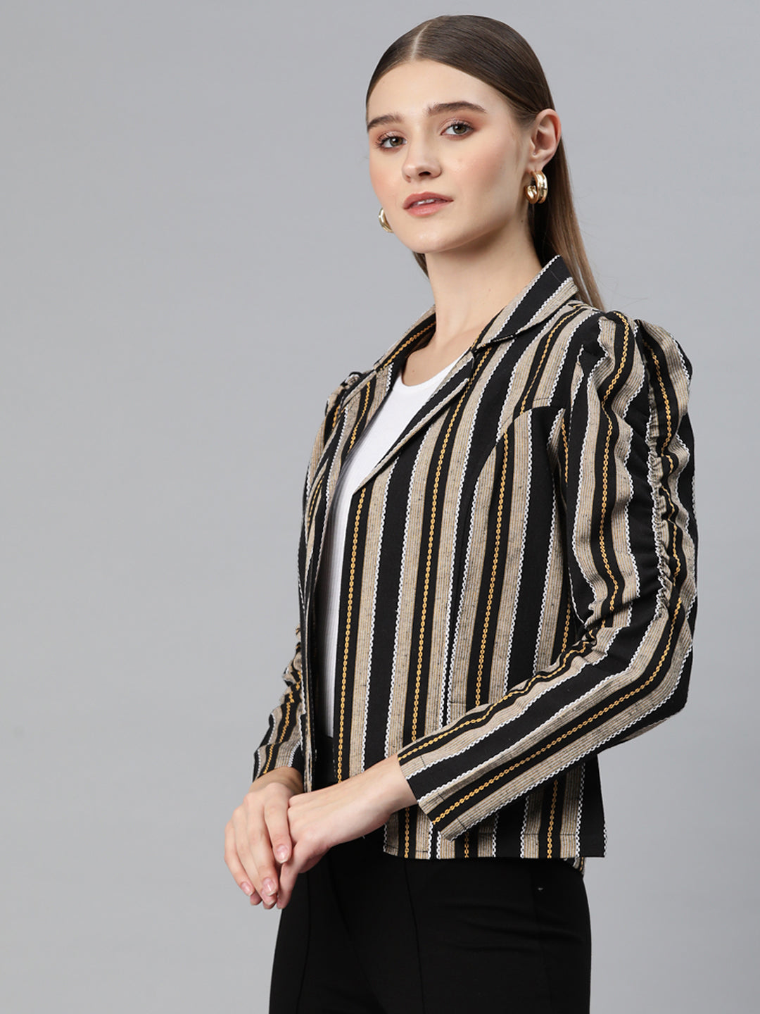 Cottinfab Women Striped Open Front Jacket with Embroidered Detail