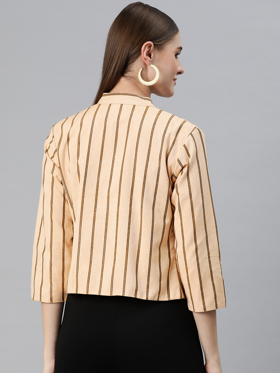 Cottinfab Women Striped Mandarin Collar Open Front Jacket