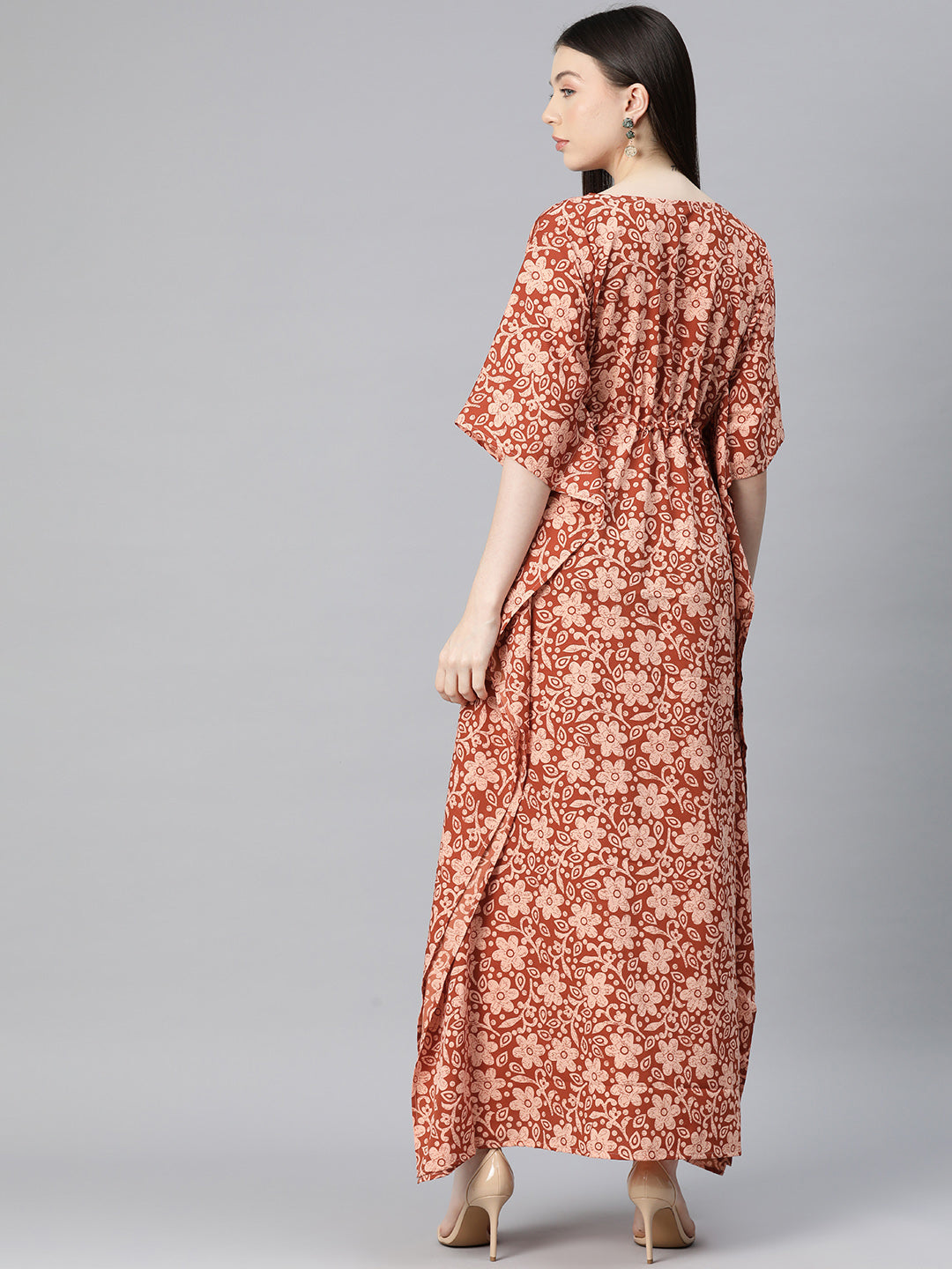 Cottinfab Women Floral Print Kimono Sleeve Crepe Kaftan Maxi Dress