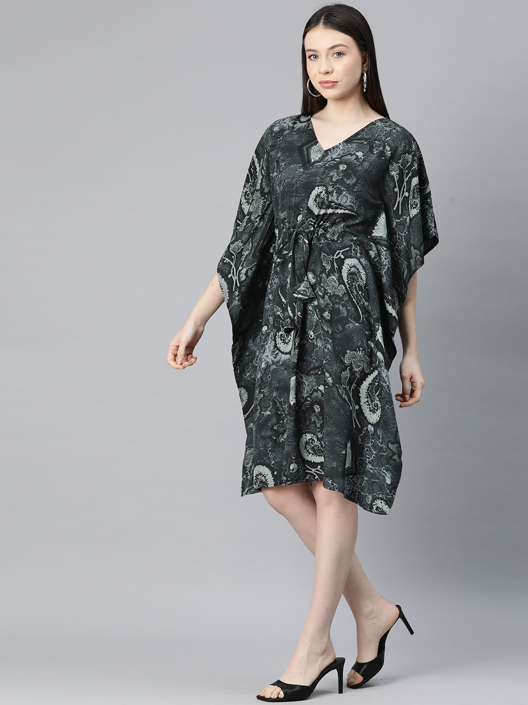 Cottinfab Women Floral Print Kimono Sleeve Crepe Kaftan Dress