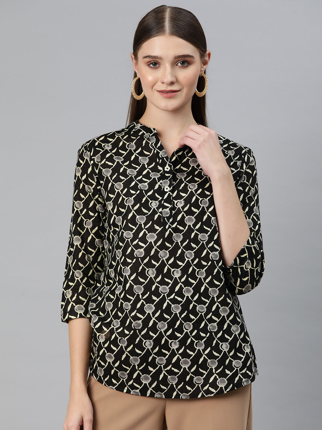 Cottinfab Women Print Mandarin Collar Cotton Shirt Style Longline Top