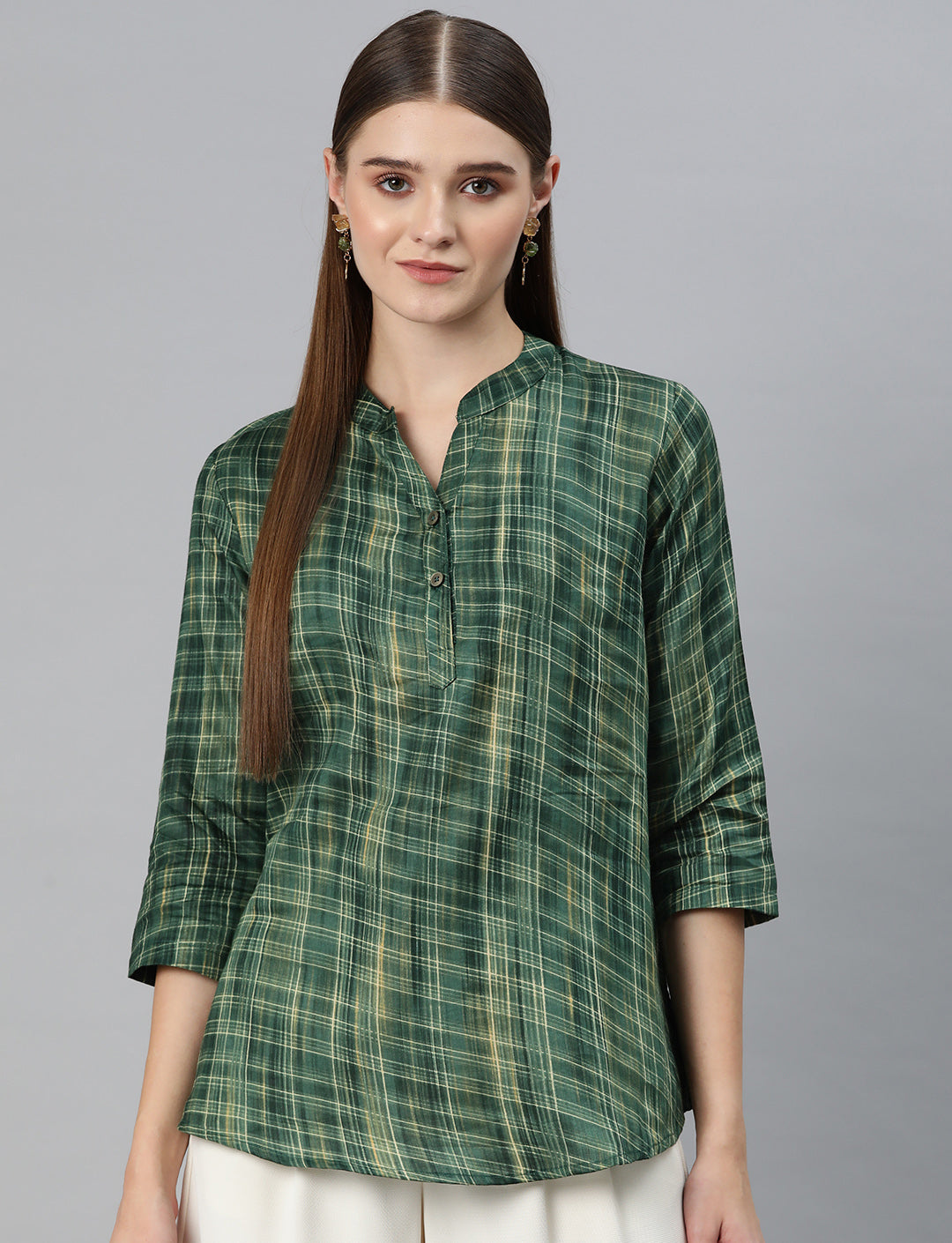 Cottinfab Women Checked Mandarin Collar Cotton Longline Top