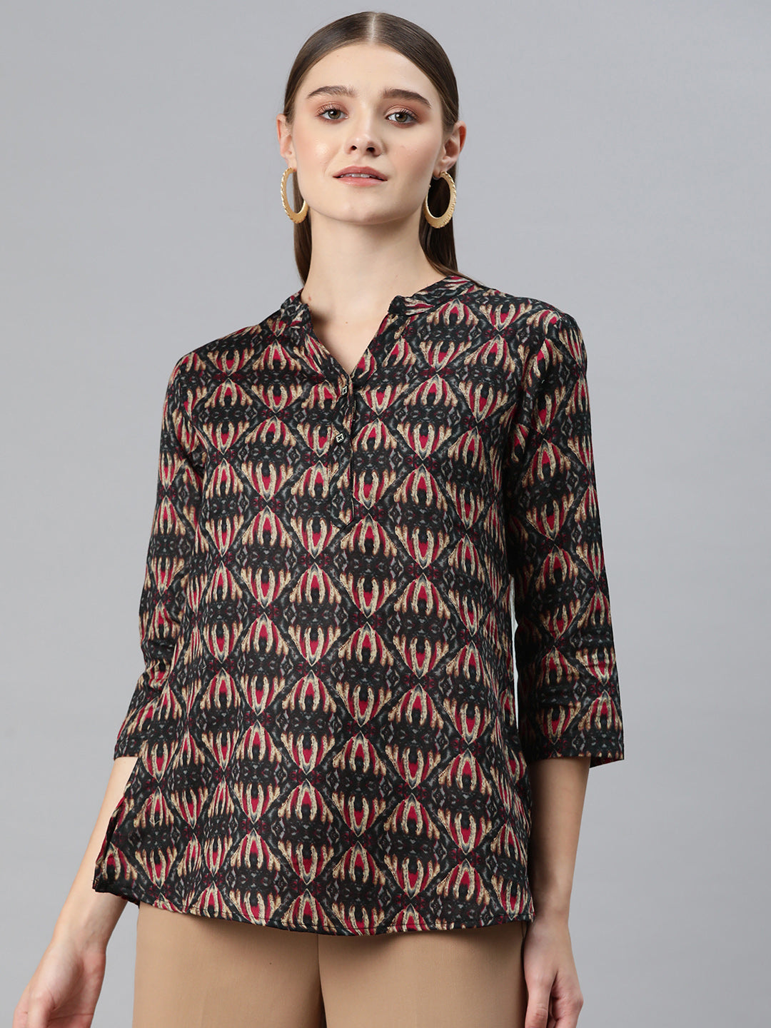 Cottinfab Women Print Mandarin Collar Cotton Shirt Style Longline Top