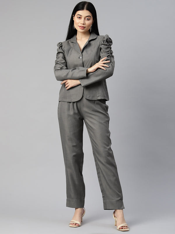 Cottinfab Women Solid Blazers and Trousers Co-ord Set