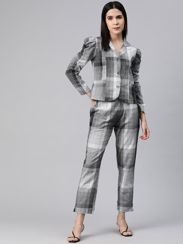 Cottinfab Women Checkered Coat Coat and Trousers Co-ord Set