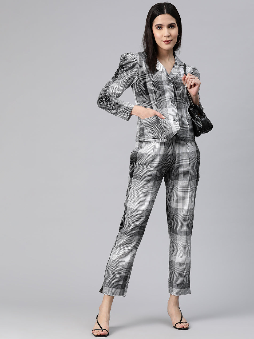 Cottinfab Women Checkered Coat Coat and Trousers Co-ord Set