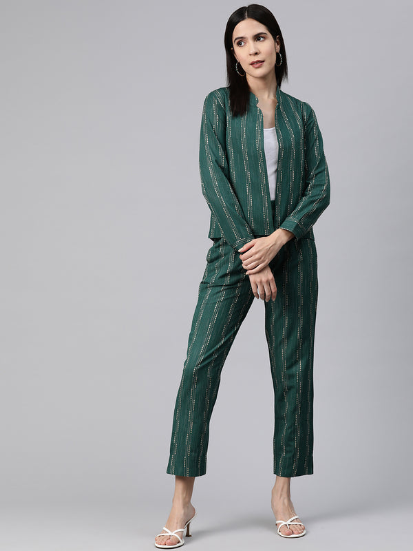 Cottinfab Women Striped Cotton Coat with Trousers Co-ords Sets