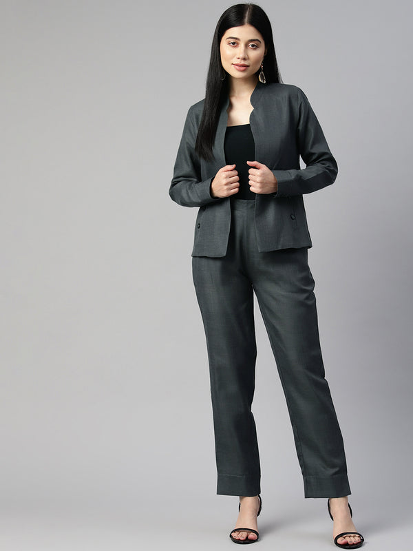 Cottinfab Women Solid Blazer with Trousers Co-ord Sets
