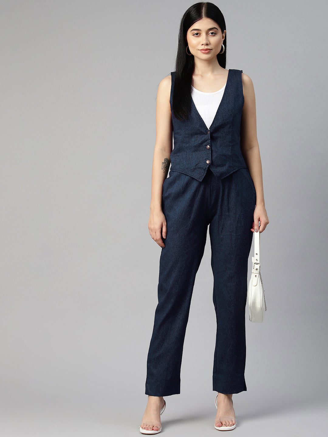 Cottinfab Women Solid Denim Waistcoat with Trousers